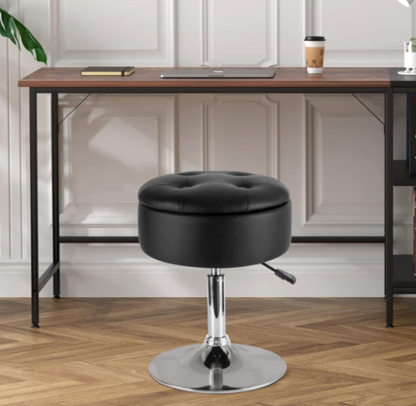 Vanity Stool with Storage, Makeup Room Seat Chair, Adjustable Height 17 9" to 24 4", PU Leather Round Vanity Chair with Removable Tray, Bathroom, Bedroom, Office, 360° Swivel Stool, Black