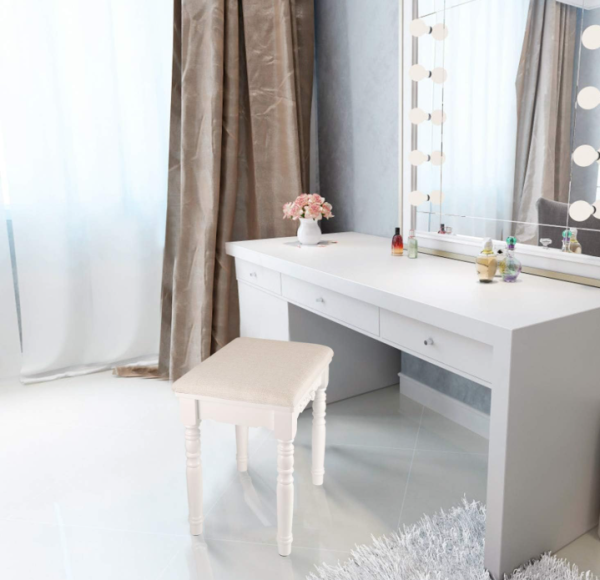 Vanity Stool, Modern Makeup Dressing Stool with Concave Seat Surface,Capacity 300lb, Easy Assembly (White)