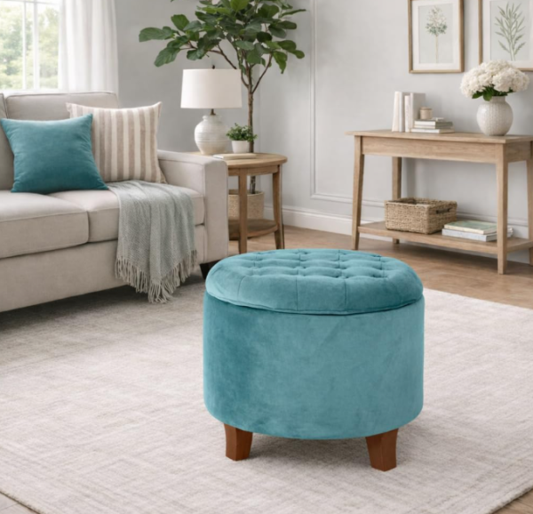 Home Decor | Upholstered Round Velvet Tufted Foot Rest Ottoman | Ottoman with Storage for Living Room & Bedroom | Decorative Home Furniture, Teal Small