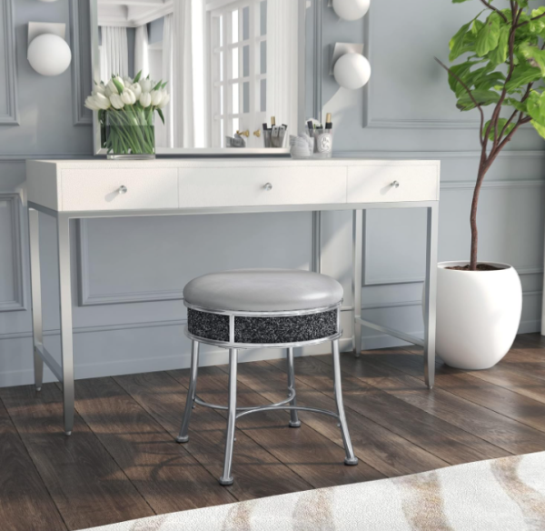 Backless Metal Vanity Stool with Faux Diamond Cluster for Makeup Room or Bathroom, Silver
