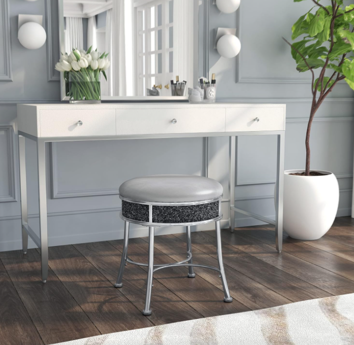 Backless Metal Vanity Stool with Faux Diamond Cluster for Makeup Room or Bathroom, Silver